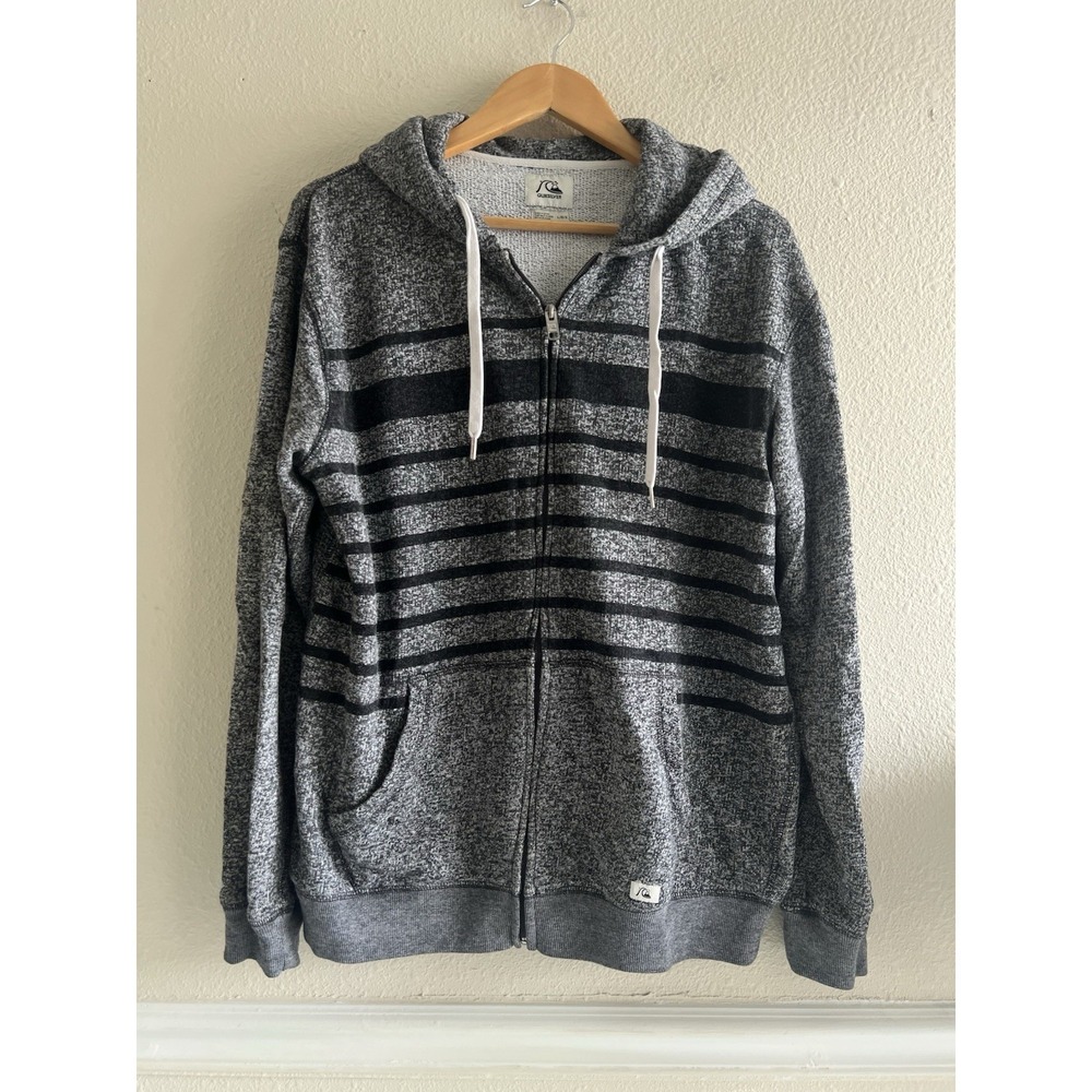 Quiksilver Zip Up Hoodie Mens Large Gray Striped Surf Skate Casual Sweatshirt
